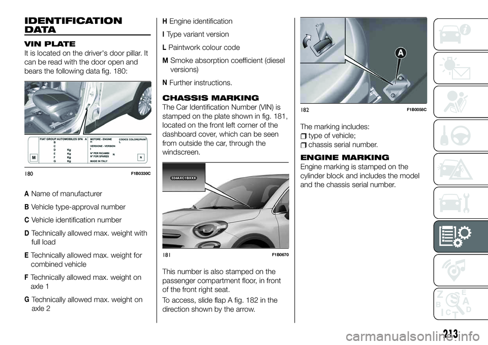 FIAT 500X 2019 Owner handbook (in English) IDENTIFICATION
DATA
VIN PLATE
It is located on the driver's door pillar. It
can be read with the door open and
bears the following data fig. 180:
AName of manufacturer
BVehicle type-approval numbe FIAT 500X 2019 Owner handbook (in English) IDENTIFICATION
DATA
VIN PLATE
It is located on the driver's door pillar. It
can be read with the door open and
bears the following data fig. 180:
AName of manufacturer
BVehicle type-approval numbe
