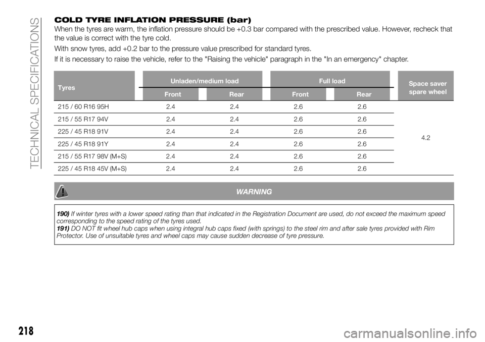 FIAT 500X 2019 Owner handbook (in English) COLD TYRE INFLATION PRESSURE (bar)
When the tyres are warm, the inflation pressure should be +0.3 bar compared with the prescribed value. However, recheck that
the value is correct with the tyre cold. FIAT 500X 2019 Owner handbook (in English) COLD TYRE INFLATION PRESSURE (bar)
When the tyres are warm, the inflation pressure should be +0.3 bar compared with the prescribed value. However, recheck that
the value is correct with the tyre cold.
