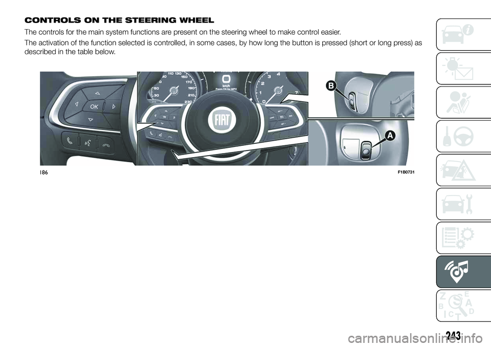 FIAT 500X 2019 Owner handbook (in English) CONTROLS ON THE STEERING WHEEL
The controls for the main system functions are present on the steering wheel to make control easier.
The activation of the function selected is controlled, in some cases FIAT 500X 2019 Owner handbook (in English) CONTROLS ON THE STEERING WHEEL
The controls for the main system functions are present on the steering wheel to make control easier.
The activation of the function selected is controlled, in some cases