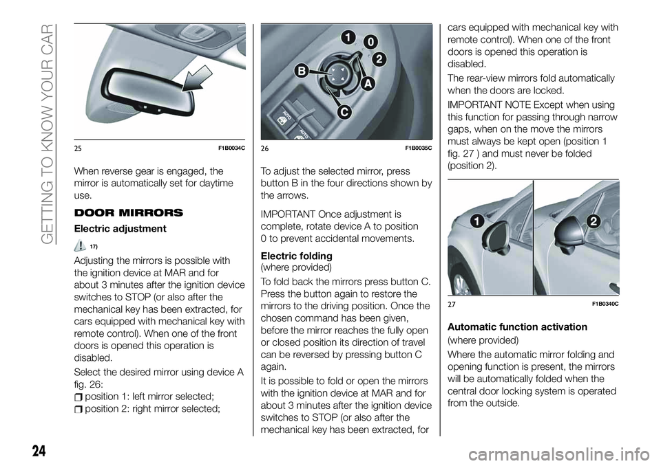 FIAT 500X 2019 Owner handbook (in English) When reverse gear is engaged, the
mirror is automatically set for daytime
use.
DOOR MIRRORS
Electric adjustment
17)
Adjusting the mirrors is possible with
the ignition device at MAR and for
about 3 mi FIAT 500X 2019 Owner handbook (in English) When reverse gear is engaged, the
mirror is automatically set for daytime
use.
DOOR MIRRORS
Electric adjustment
17)
Adjusting the mirrors is possible with
the ignition device at MAR and for
about 3 mi