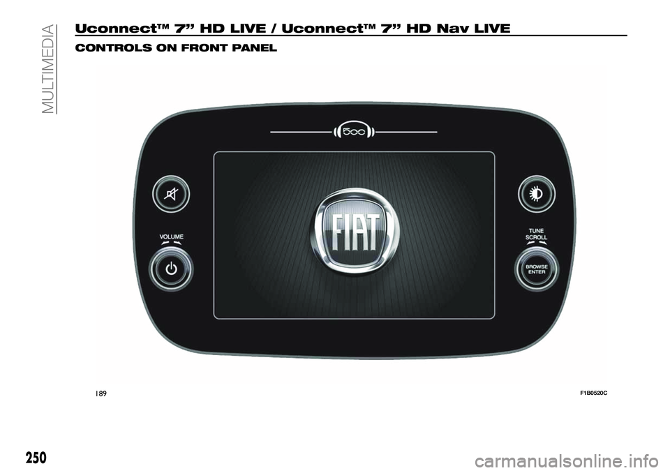 FIAT 500X 2019 Owner handbook (in English) Uconnect™ 7” HD LIVE / Uconnect™ 7” HD Nav LIVE
CONTROLS ON FRONT PANEL
189F1B0520C
250
MULTIMEDIA FIAT 500X 2019 Owner handbook (in English) Uconnect™ 7” HD LIVE / Uconnect™ 7” HD Nav LIVE
CONTROLS ON FRONT PANEL
189F1B0520C
250
MULTIMEDIA