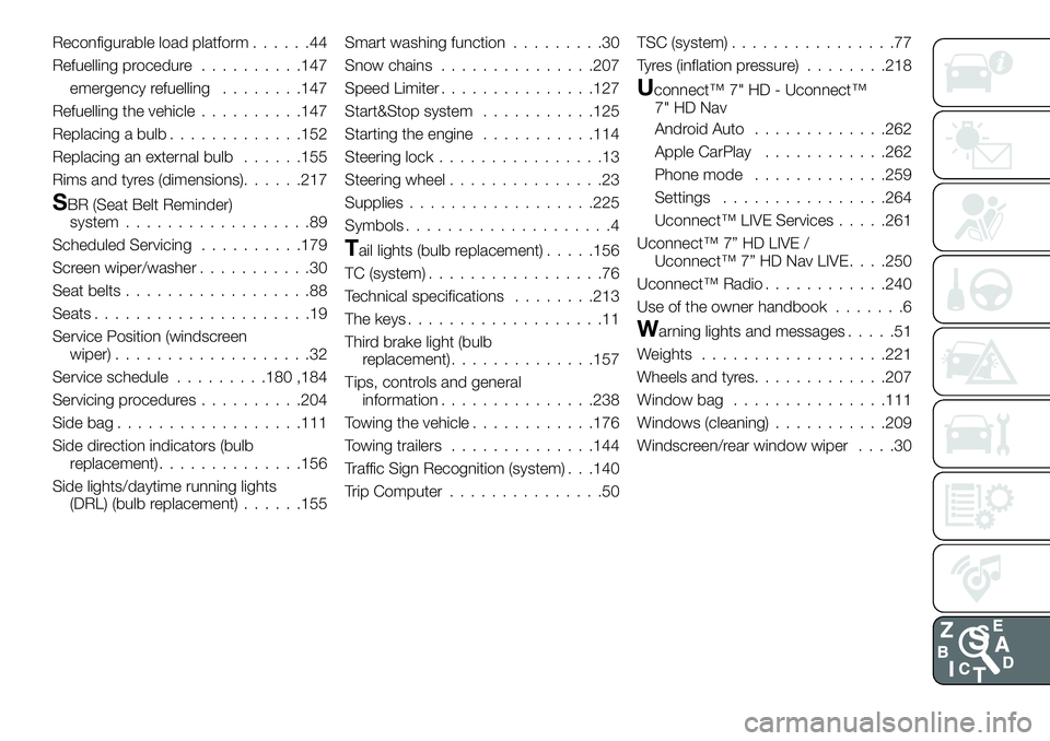FIAT 500X 2019 Owner handbook (in English) Reconfigurable load platform......44
Refuelling procedure..........147
emergency refuelling........147
Refuelling the vehicle..........147
Replacing a bulb.............152
Replacing an external bulb.. FIAT 500X 2019 Owner handbook (in English) Reconfigurable load platform......44
Refuelling procedure..........147
emergency refuelling........147
Refuelling the vehicle..........147
Replacing a bulb.............152
Replacing an external bulb..