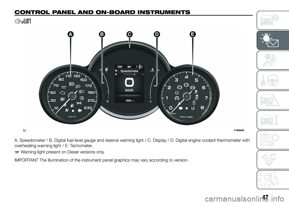 FIAT 500X 2019 Owner handbook (in English) CONTROL PANEL AND ON-BOARD INSTRUMENTS
A. Speedometer / B. Digital fuel level gauge and reserve warning light / C. Display / D. Digital engine coolant thermometer with
overheating warning light / E. T FIAT 500X 2019 Owner handbook (in English) CONTROL PANEL AND ON-BOARD INSTRUMENTS
A. Speedometer / B. Digital fuel level gauge and reserve warning light / C. Display / D. Digital engine coolant thermometer with
overheating warning light / E. T