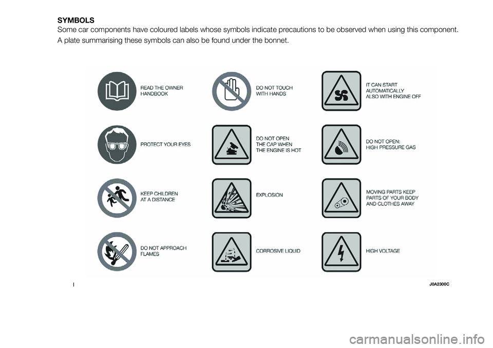 FIAT 500X 2019  Owner handbook (in English) SYMBOLS
Some car components have coloured labels whose symbols indicate precautions to be observed when using this component.
A plate summarising these symbols can also be found under the bonnet.
1J0A
