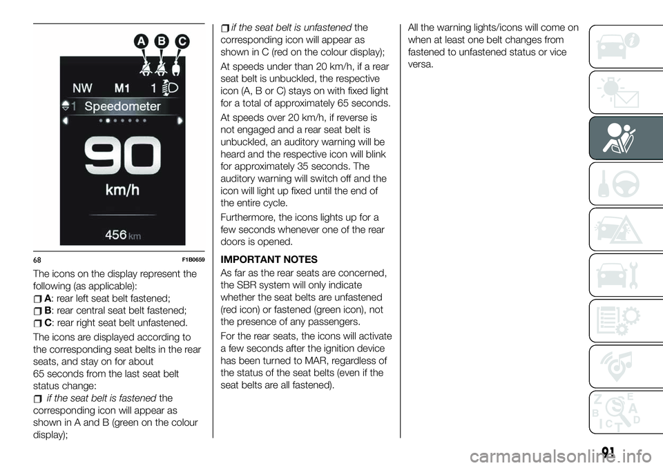 FIAT 500X 2019  Owner handbook (in English) The icons on the display represent the
following (as applicable):
A: rear left seat belt fastened;
B: rear central seat belt fastened;
C: rear right seat belt unfastened.
The icons are displayed accor
