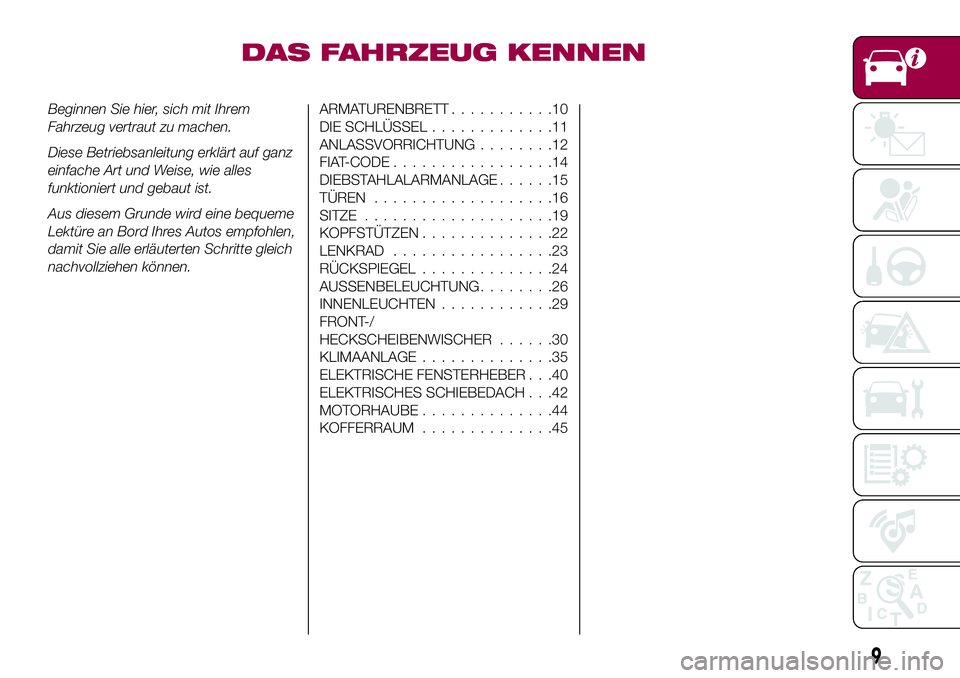 FIAT 500X 2017 Betriebsanleitung (in German) DAS FAHRZEUG KENNEN
Beginnen Sie hier, sich mit Ihrem
Fahrzeug vertraut zu machen.
Diese Betriebsanleitung erklärt auf ganz
einfache Art und Weise, wie alles
funktioniert und gebaut ist.
Aus diesem G FIAT 500X 2017 Betriebsanleitung (in German) DAS FAHRZEUG KENNEN
Beginnen Sie hier, sich mit Ihrem
Fahrzeug vertraut zu machen.
Diese Betriebsanleitung erklärt auf ganz
einfache Art und Weise, wie alles
funktioniert und gebaut ist.
Aus diesem G