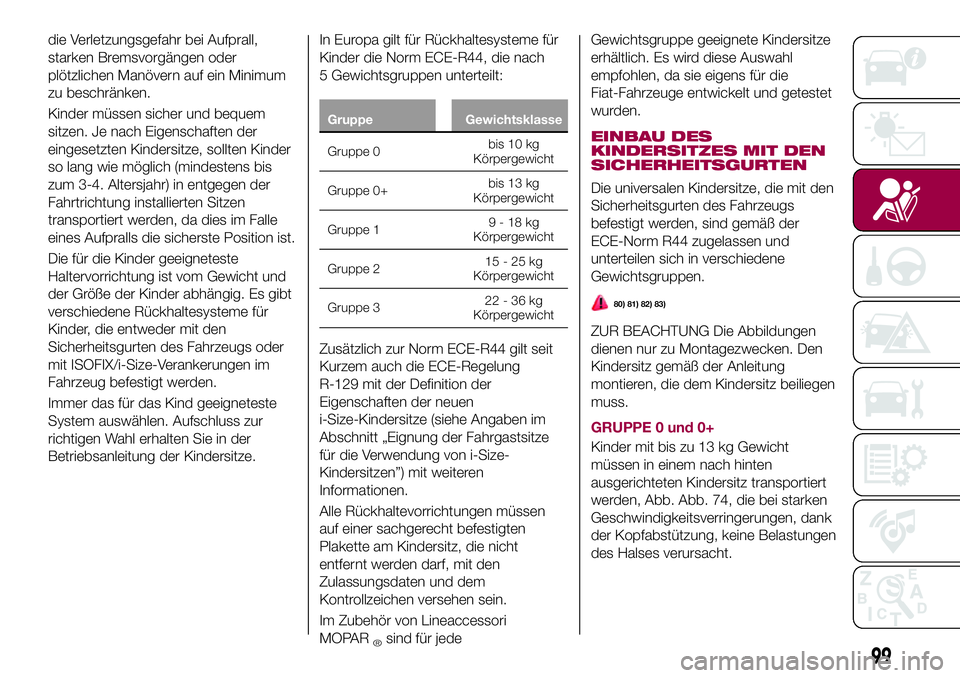 FIAT 500X 2017 Betriebsanleitung (in German) die Verletzungsgefahr bei Aufprall,
starken Bremsvorgängen oder
plötzlichen Manövern auf ein Minimum
zu beschränken.
Kinder müssen sicher und bequem
sitzen. Je nach Eigenschaften der
eingesetzten FIAT 500X 2017 Betriebsanleitung (in German) die Verletzungsgefahr bei Aufprall,
starken Bremsvorgängen oder
plötzlichen Manövern auf ein Minimum
zu beschränken.
Kinder müssen sicher und bequem
sitzen. Je nach Eigenschaften der
eingesetzten