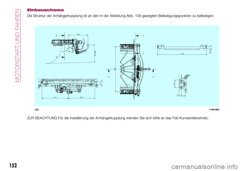 FIAT 500X 2017 Betriebsanleitung (in German) Einbauschema
Die Struktur der Anhängerkupplung ist an den in der Abbildung Abb. 109 gezeigten Befestigungspunkten zu befestigen.
ZUR BEACHTUNG Für die Installierung der Anhängerkupplung wenden Sie FIAT 500X 2017 Betriebsanleitung (in German) Einbauschema
Die Struktur der Anhängerkupplung ist an den in der Abbildung Abb. 109 gezeigten Befestigungspunkten zu befestigen.
ZUR BEACHTUNG Für die Installierung der Anhängerkupplung wenden Sie