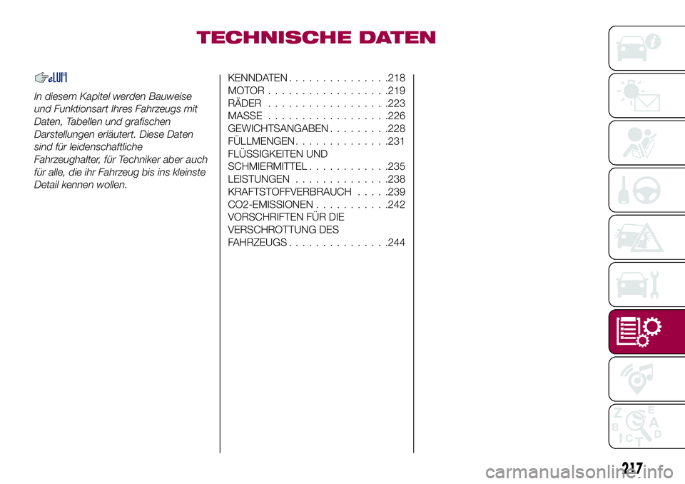 FIAT 500X 2017  Betriebsanleitung (in German) TECHNISCHE DATEN
In diesem Kapitel werden Bauweise
und Funktionsart Ihres Fahrzeugs mit
Daten, Tabellen und grafischen
Darstellungen erläutert. Diese Daten
sind für leidenschaftliche
Fahrzeughalter,