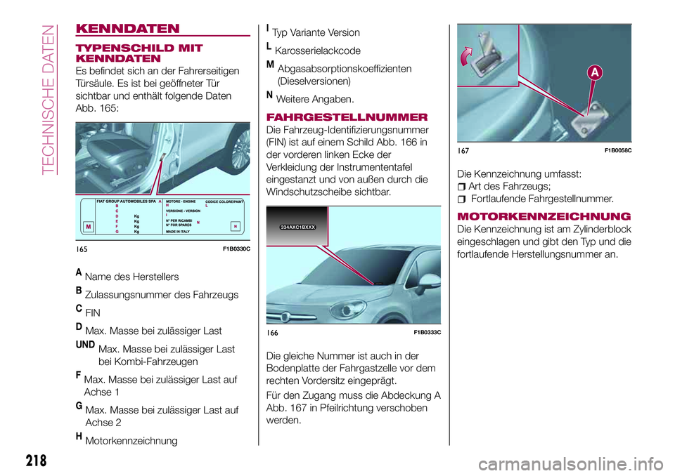FIAT 500X 2017  Betriebsanleitung (in German) KENNDATEN
TYPENSCHILD MIT
KENNDATEN
Es befindet sich an der Fahrerseitigen
Türsäule. Es ist bei geöffneter Tür
sichtbar und enthält folgende Daten
Abb. 165:
AName des Herstellers
BZulassungsnumme