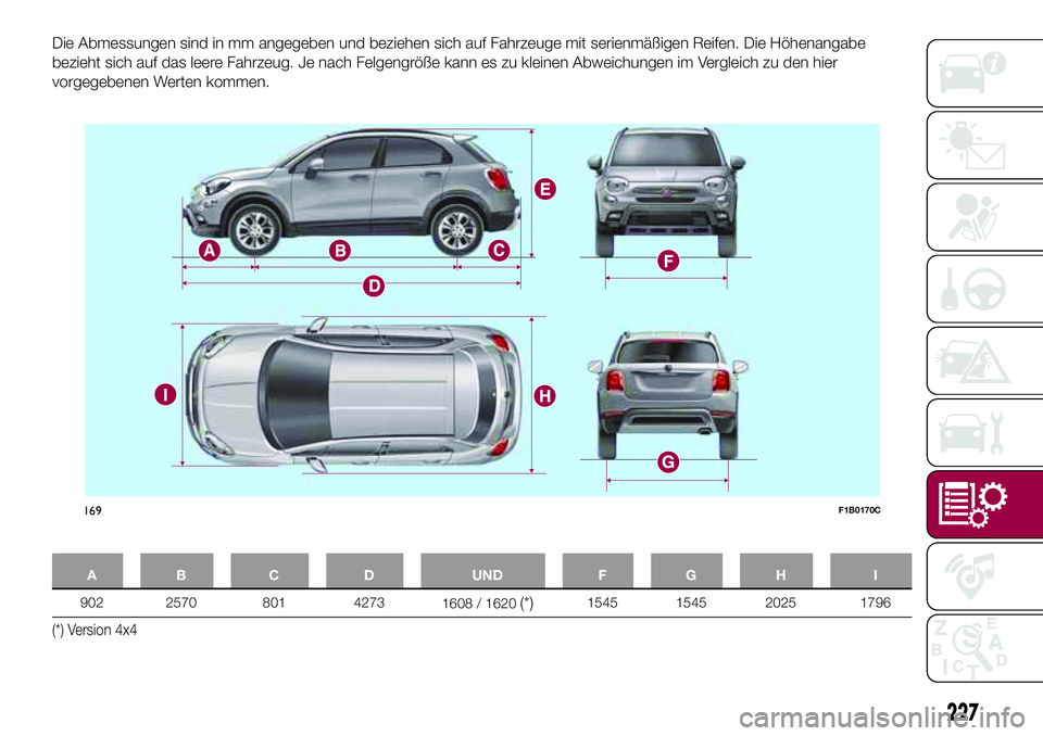 FIAT 500X 2017  Betriebsanleitung (in German) Die Abmessungen sind in mm angegeben und beziehen sich auf Fahrzeuge mit serienmäßigen Reifen. Die Höhenangabe
bezieht sich auf das leere Fahrzeug. Je nach Felgengröße kann es zu kleinen Abweichu