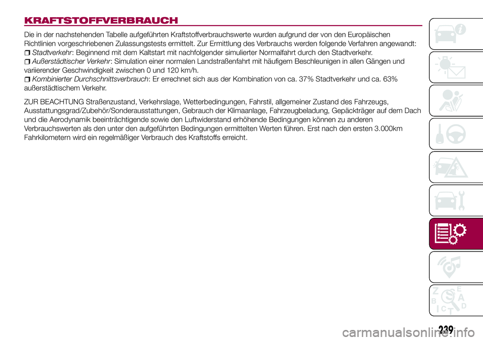 FIAT 500X 2017 Betriebsanleitung (in German) KRAFTSTOFFVERBRAUCH
Die in der nachstehenden Tabelle aufgeführten Kraftstoffverbrauchswerte wurden aufgrund der von den Europäischen
Richtlinien vorgeschriebenen Zulassungstests ermittelt. Zur Ermit FIAT 500X 2017 Betriebsanleitung (in German) KRAFTSTOFFVERBRAUCH
Die in der nachstehenden Tabelle aufgeführten Kraftstoffverbrauchswerte wurden aufgrund der von den Europäischen
Richtlinien vorgeschriebenen Zulassungstests ermittelt. Zur Ermit