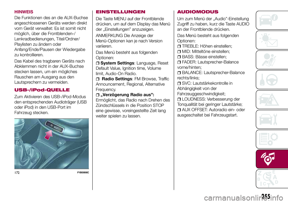 FIAT 500X 2017  Betriebsanleitung (in German) HINWEIS
Die Funktionen des an die AUX-Buchse
angeschlossenen Geräts werden direkt
vom Gerät verwaltet: Es ist somit nicht
möglich, über die Frontblenden-/
Lenkradbedienungen, Titel/Ordner/
Playlis