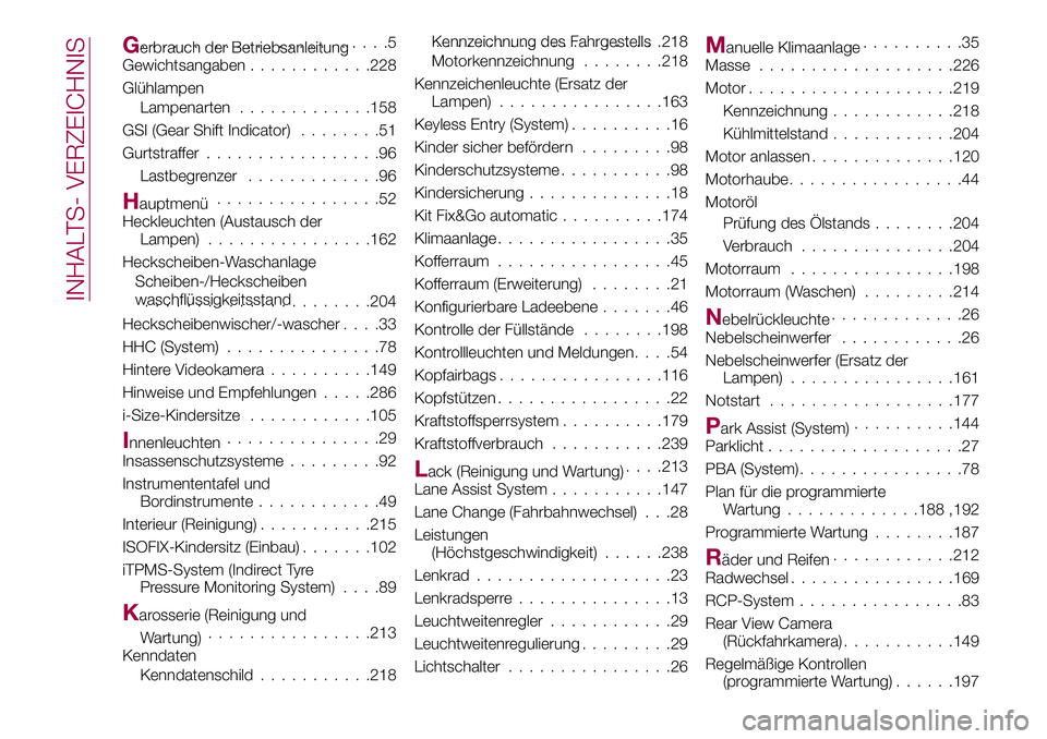 FIAT 500X 2017 Betriebsanleitung (in German) Gerbrauch der Betriebsanleitung........................5
Gewichtsangaben............228
Glühlampen
Lampenarten.............158
GSI (Gear Shift Indicator)........51
Gurtstraffer.................96
Las FIAT 500X 2017 Betriebsanleitung (in German) Gerbrauch der Betriebsanleitung........................5
Gewichtsangaben............228
Glühlampen
Lampenarten.............158
GSI (Gear Shift Indicator)........51
Gurtstraffer.................96
Las