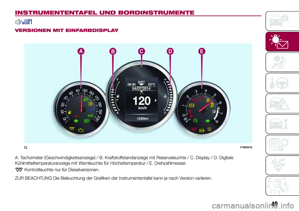 FIAT 500X 2017 Betriebsanleitung (in German) INSTRUMENTENTAFEL UND BORDINSTRUMENTE
VERSIONEN MIT EINFARBDISPLAY
A. Tachometer (Geschwindigkeitsanzeige) / B. Kraftstoffstandanzeige mit Reserveleuchte / C. Display / D. Digitale
Kühlmitteltemperat FIAT 500X 2017 Betriebsanleitung (in German) INSTRUMENTENTAFEL UND BORDINSTRUMENTE
VERSIONEN MIT EINFARBDISPLAY
A. Tachometer (Geschwindigkeitsanzeige) / B. Kraftstoffstandanzeige mit Reserveleuchte / C. Display / D. Digitale
Kühlmitteltemperat