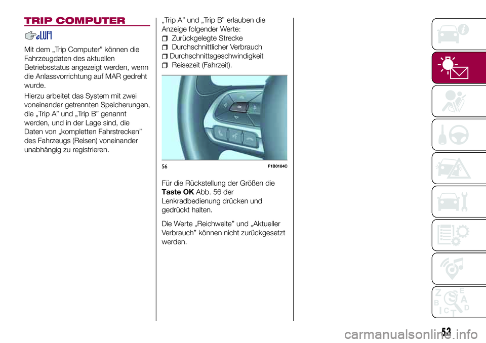 FIAT 500X 2017 Betriebsanleitung (in German) TRIP COMPUTER
Mit dem „Trip Computer” können die
Fahrzeugdaten des aktuellen
Betriebsstatus angezeigt werden, wenn
die Anlassvorrichtung auf MAR gedreht
wurde.
Hierzu arbeitet das System mit zwei FIAT 500X 2017 Betriebsanleitung (in German) TRIP COMPUTER
Mit dem „Trip Computer” können die
Fahrzeugdaten des aktuellen
Betriebsstatus angezeigt werden, wenn
die Anlassvorrichtung auf MAR gedreht
wurde.
Hierzu arbeitet das System mit zwei