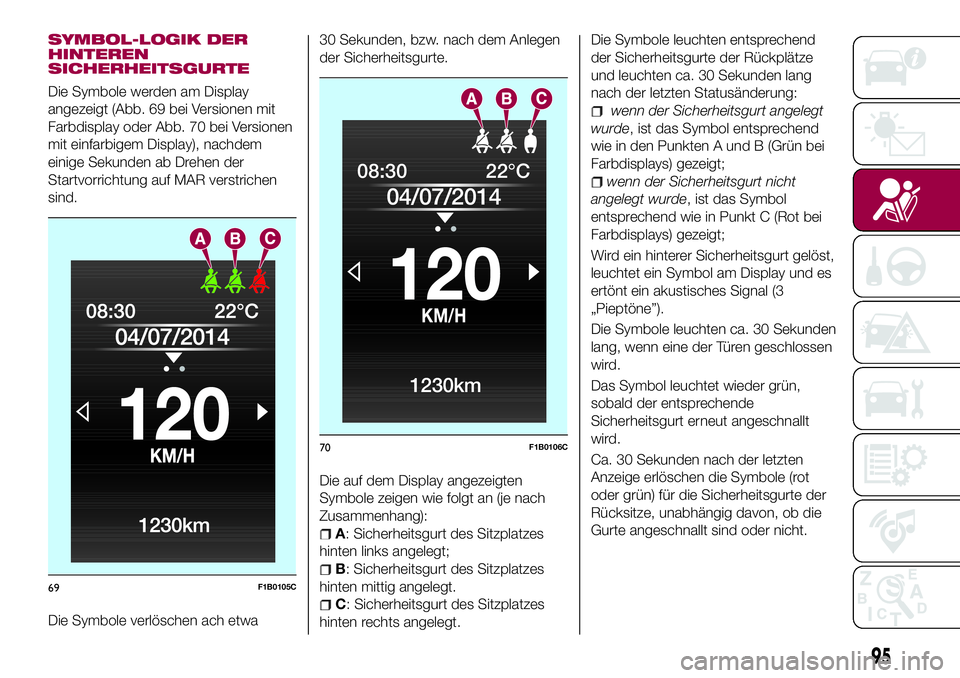 FIAT 500X 2017 Betriebsanleitung (in German) SYMBOL-LOGIK DER
HINTEREN
SICHERHEITSGURTE
Die Symbole werden am Display
angezeigt (Abb. 69 bei Versionen mit
Farbdisplay oder Abb. 70 bei Versionen
mit einfarbigem Display), nachdem
einige Sekunden a FIAT 500X 2017 Betriebsanleitung (in German) SYMBOL-LOGIK DER
HINTEREN
SICHERHEITSGURTE
Die Symbole werden am Display
angezeigt (Abb. 69 bei Versionen mit
Farbdisplay oder Abb. 70 bei Versionen
mit einfarbigem Display), nachdem
einige Sekunden a