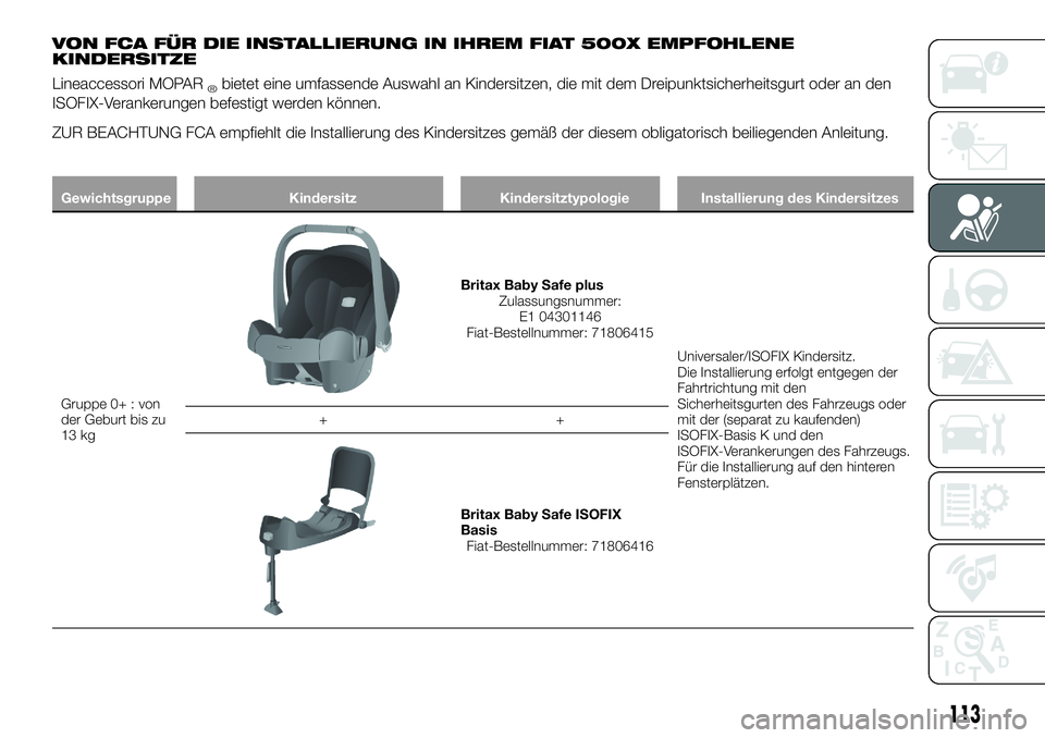 FIAT 500X 2018 Betriebsanleitung (in German) VON FCA FÜR DIE INSTALLIERUNG IN IHREM FIAT 500X EMPFOHLENE
KINDERSITZE
Lineaccessori MOPAR®bietet eine umfassende Auswahl an Kindersitzen, die mit dem Dreipunktsicherheitsgurt oder an den
ISOFIX-Ve FIAT 500X 2018 Betriebsanleitung (in German) VON FCA FÜR DIE INSTALLIERUNG IN IHREM FIAT 500X EMPFOHLENE
KINDERSITZE
Lineaccessori MOPAR®bietet eine umfassende Auswahl an Kindersitzen, die mit dem Dreipunktsicherheitsgurt oder an den
ISOFIX-Ve