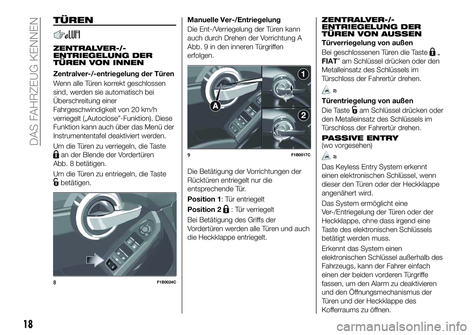 FIAT 500X 2018 Betriebsanleitung (in German) TÜREN
ZENTRALVER-/-
ENTRIEGELUNG DER
TÜREN VON INNEN
Zentralver-/-entriegelung der Türen
Wenn alle Türen korrekt geschlossen
sind, werden sie automatisch bei
Überschreitung einer
Fahrgeschwindigk FIAT 500X 2018 Betriebsanleitung (in German) TÜREN
ZENTRALVER-/-
ENTRIEGELUNG DER
TÜREN VON INNEN
Zentralver-/-entriegelung der Türen
Wenn alle Türen korrekt geschlossen
sind, werden sie automatisch bei
Überschreitung einer
Fahrgeschwindigk
