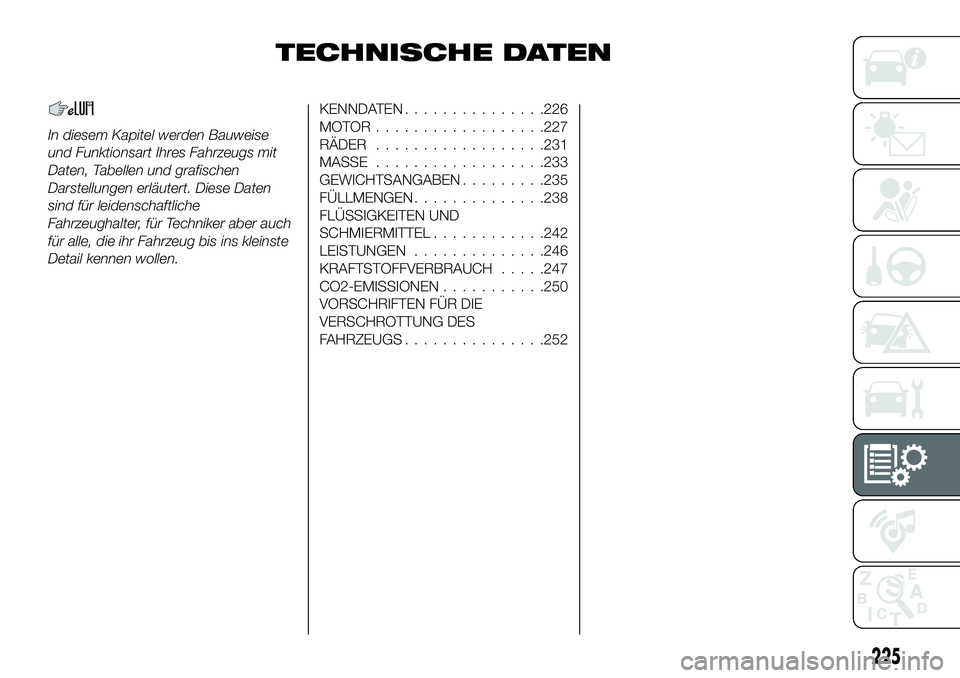 FIAT 500X 2018 Betriebsanleitung (in German) TECHNISCHE DATEN
In diesem Kapitel werden Bauweise
und Funktionsart Ihres Fahrzeugs mit
Daten, Tabellen und grafischen
Darstellungen erläutert. Diese Daten
sind für leidenschaftliche
Fahrzeughalter, FIAT 500X 2018 Betriebsanleitung (in German) TECHNISCHE DATEN
In diesem Kapitel werden Bauweise
und Funktionsart Ihres Fahrzeugs mit
Daten, Tabellen und grafischen
Darstellungen erläutert. Diese Daten
sind für leidenschaftliche
Fahrzeughalter,