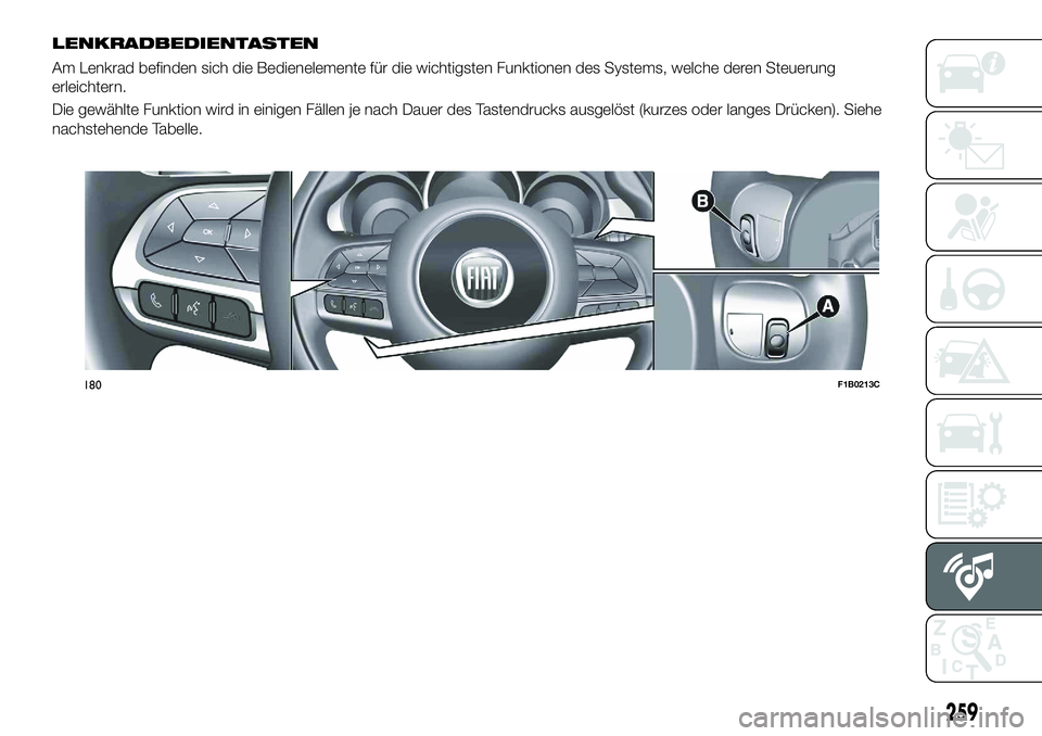 FIAT 500X 2018 Betriebsanleitung (in German) LENKRADBEDIENTASTEN
Am Lenkrad befinden sich die Bedienelemente für die wichtigsten Funktionen des Systems, welche deren Steuerung
erleichtern.
Die gewählte Funktion wird in einigen Fällen je nach FIAT 500X 2018 Betriebsanleitung (in German) LENKRADBEDIENTASTEN
Am Lenkrad befinden sich die Bedienelemente für die wichtigsten Funktionen des Systems, welche deren Steuerung
erleichtern.
Die gewählte Funktion wird in einigen Fällen je nach