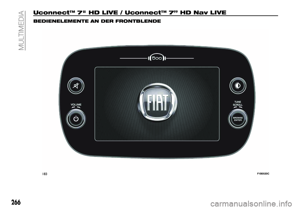 FIAT 500X 2018 Betriebsanleitung (in German) Uconnect™ 7" HD LIVE / Uconnect™ 7” HD Nav LIVE
BEDIENELEMENTE AN DER FRONTBLENDE
183F1B0520C
266
MULTIMEDIA FIAT 500X 2018 Betriebsanleitung (in German) Uconnect™ 7" HD LIVE / Uconnect™ 7” HD Nav LIVE
BEDIENELEMENTE AN DER FRONTBLENDE
183F1B0520C
266
MULTIMEDIA