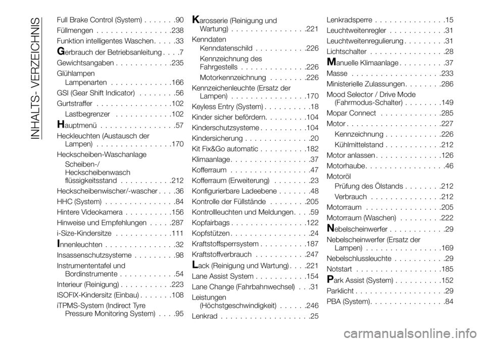 FIAT 500X 2018  Betriebsanleitung (in German) Full Brake Control (System).......90
Füllmengen ................238
Funktion intelligentes Waschen .....33
Gerbrauch der Betriebsanleitung . . . .7
Gewichtsangaben ............235
Glühlampen Lampena