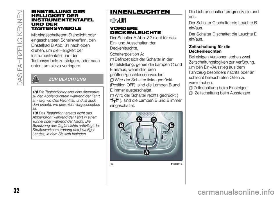 FIAT 500X 2018 Betriebsanleitung (in German) EINSTELLUNG DER
HELLIGKEIT DER
INSTRUMENTENTAFEL
UND DER
TASTENSYMBOLE
Mit eingeschaltetem Standlicht oder
eingeschalteten Scheinwerfern, den
Einstellrad B Abb. 31 nach oben
drehen, um die Helligkeit FIAT 500X 2018 Betriebsanleitung (in German) EINSTELLUNG DER
HELLIGKEIT DER
INSTRUMENTENTAFEL
UND DER
TASTENSYMBOLE
Mit eingeschaltetem Standlicht oder
eingeschalteten Scheinwerfern, den
Einstellrad B Abb. 31 nach oben
drehen, um die Helligkeit