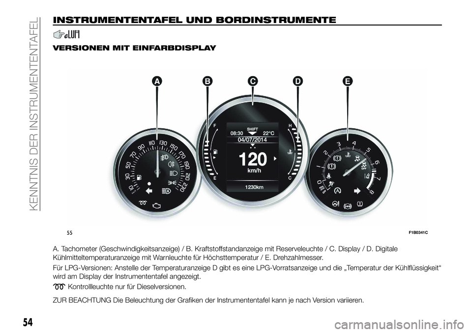 FIAT 500X 2018  Betriebsanleitung (in German) INSTRUMENTENTAFEL UND BORDINSTRUMENTE
VERSIONEN MIT EINFARBDISPLAY
A. Tachometer (Geschwindigkeitsanzeige) / B. Kraftstoffstandanzeige mit Reserveleuchte / C. Display / D. Digitale
Kühlmitteltemperat