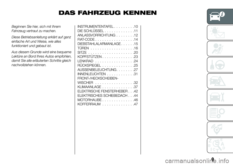 FIAT 500X 2019  Betriebsanleitung (in German) DAS FAHRZEUG KENNEN
Beginnen Sie hier, sich mit Ihrem
Fahrzeug vertraut zu machen.
Diese Betriebsanleitung erklärt auf ganz
einfache Art und Weise, wie alles
funktioniert und gebaut ist.
Aus diesem G
