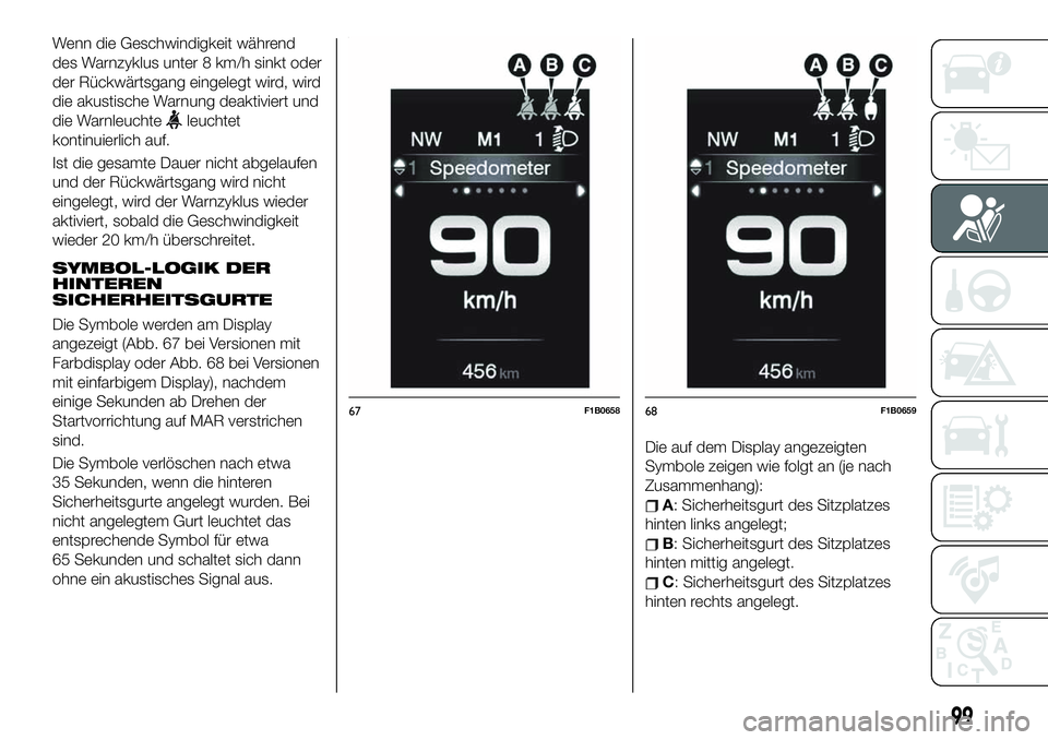 FIAT 500X 2019 Betriebsanleitung (in German) Wenn die Geschwindigkeit während
des Warnzyklus unter 8 km/h sinkt oder
der Rückwärtsgang eingelegt wird, wird
die akustische Warnung deaktiviert und
die Warnleuchte
leuchtet
kontinuierlich auf.
Is FIAT 500X 2019 Betriebsanleitung (in German) Wenn die Geschwindigkeit während
des Warnzyklus unter 8 km/h sinkt oder
der Rückwärtsgang eingelegt wird, wird
die akustische Warnung deaktiviert und
die Warnleuchte
leuchtet
kontinuierlich auf.
Is