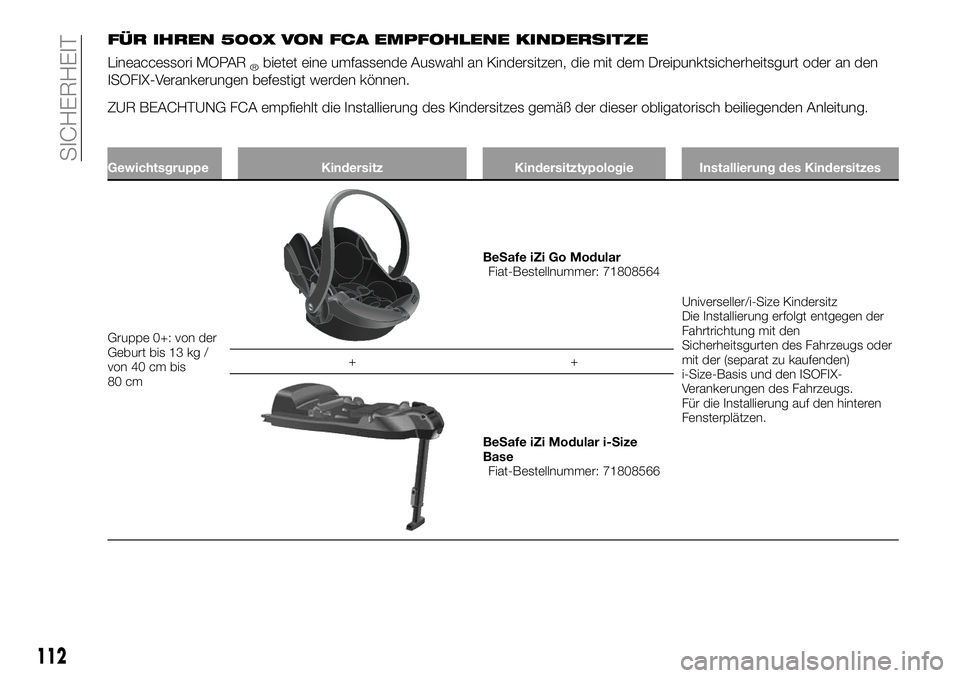 FIAT 500X 2019  Betriebsanleitung (in German) FÜR IHREN 500X VON FCA EMPFOHLENE KINDERSITZE
Lineaccessori MOPAR®bietet eine umfassende Auswahl an Kindersitzen, die mit dem Dreipunktsicherheitsgurt oder an den
ISOFIX-Verankerungen befestigt werd