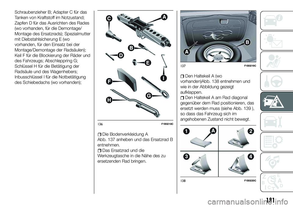 FIAT 500X 2019 Betriebsanleitung (in German) Schraubenzieher B; Adapter C für das
Tanken von Kraftstoff im Notzustand;
Zapfen D für das Ausrichten des Rades
(wo vorhanden, für die Demontage/
Montage des Ersatzrads); Spezialmutter
mit Diebstah FIAT 500X 2019 Betriebsanleitung (in German) Schraubenzieher B; Adapter C für das
Tanken von Kraftstoff im Notzustand;
Zapfen D für das Ausrichten des Rades
(wo vorhanden, für die Demontage/
Montage des Ersatzrads); Spezialmutter
mit Diebstah