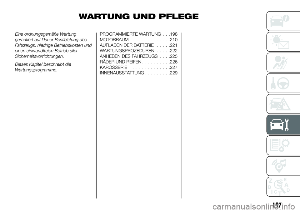 FIAT 500X 2019 Betriebsanleitung (in German) WARTUNG UND PFLEGE
Eine ordnungsgemäße Wartung
garantiert auf Dauer Bestleistung des
Fahrzeugs, niedrige Betriebskosten und
einen einwandfreien Betrieb aller
Sicherheitsvorrichtungen.
Dieses Kapitel FIAT 500X 2019 Betriebsanleitung (in German) WARTUNG UND PFLEGE
Eine ordnungsgemäße Wartung
garantiert auf Dauer Bestleistung des
Fahrzeugs, niedrige Betriebskosten und
einen einwandfreien Betrieb aller
Sicherheitsvorrichtungen.
Dieses Kapitel