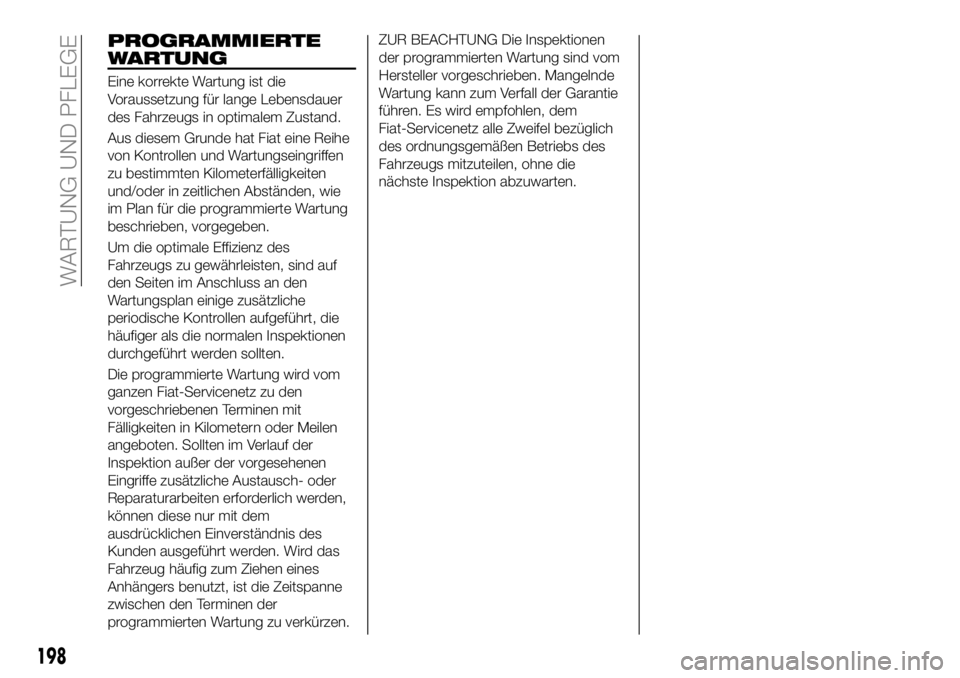 FIAT 500X 2019 Betriebsanleitung (in German) PROGRAMMIERTE
WARTUNG
Eine korrekte Wartung ist die
Voraussetzung für lange Lebensdauer
des Fahrzeugs in optimalem Zustand.
Aus diesem Grunde hat Fiat eine Reihe
von Kontrollen und Wartungseingriffen FIAT 500X 2019 Betriebsanleitung (in German) PROGRAMMIERTE
WARTUNG
Eine korrekte Wartung ist die
Voraussetzung für lange Lebensdauer
des Fahrzeugs in optimalem Zustand.
Aus diesem Grunde hat Fiat eine Reihe
von Kontrollen und Wartungseingriffen