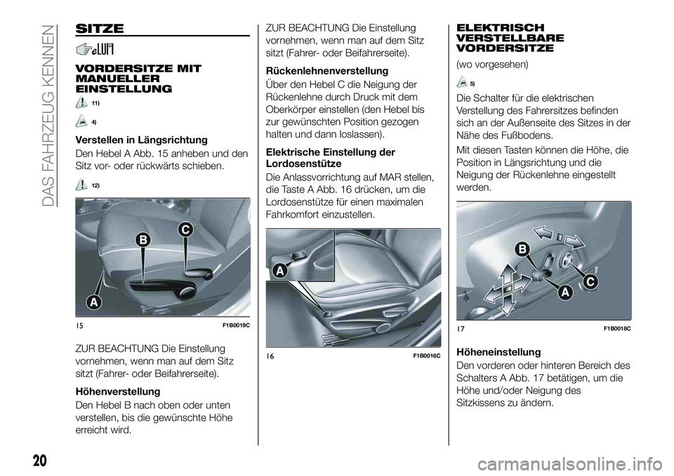 FIAT 500X 2019  Betriebsanleitung (in German) SITZE
VORDERSITZE MIT
MANUELLER
EINSTELLUNG
11)
4)
Verstellen in Längsrichtung
Den Hebel A Abb. 15 anheben und den
Sitz vor- oder rückwärts schieben.
12)
ZUR BEACHTUNG Die Einstellung
vornehmen, we