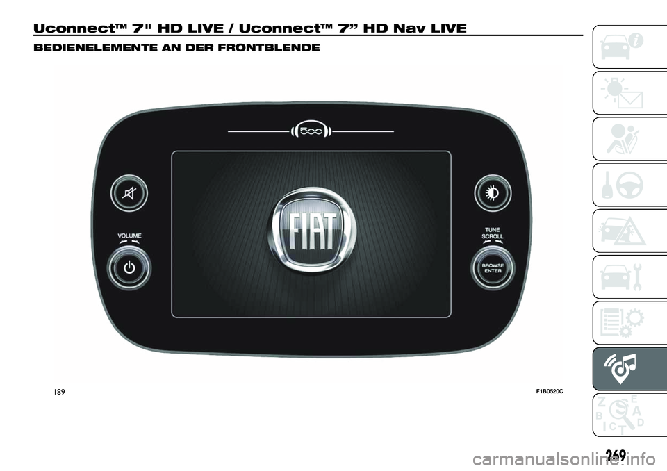 FIAT 500X 2019 Betriebsanleitung (in German) Uconnect™ 7" HD LIVE / Uconnect™ 7” HD Nav LIVE
BEDIENELEMENTE AN DER FRONTBLENDE
189F1B0520C
269 FIAT 500X 2019 Betriebsanleitung (in German) Uconnect™ 7" HD LIVE / Uconnect™ 7” HD Nav LIVE
BEDIENELEMENTE AN DER FRONTBLENDE
189F1B0520C
269