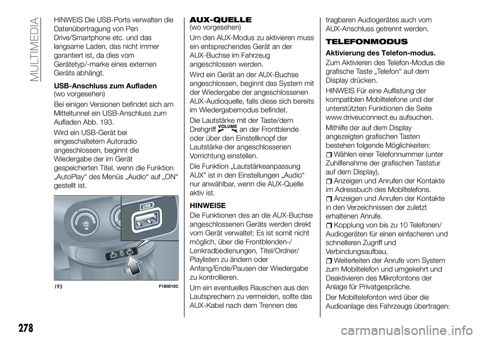 FIAT 500X 2019 Betriebsanleitung (in German) HINWEIS Die USB-Ports verwalten die
Datenübertragung von Pen
Drive/Smartphone etc. und das
langsame Laden, das nicht immer
garantiert ist, da dies vom
Gerätetyp/-marke eines externen
Geräts abhäng FIAT 500X 2019 Betriebsanleitung (in German) HINWEIS Die USB-Ports verwalten die
Datenübertragung von Pen
Drive/Smartphone etc. und das
langsame Laden, das nicht immer
garantiert ist, da dies vom
Gerätetyp/-marke eines externen
Geräts abhäng