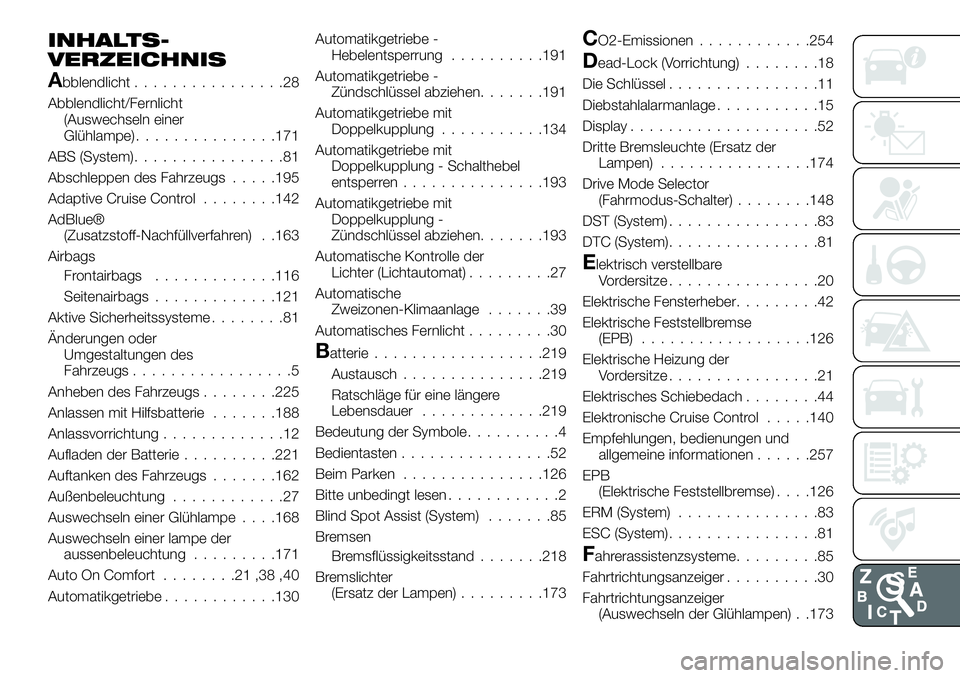 FIAT 500X 2019 Betriebsanleitung (in German) INHALTS-
VERZEICHNIS
Abblendlicht................28
Abblendlicht/Fernlicht
(Auswechseln einer
Glühlampe)...............171
ABS (System)................81
Abschleppen des Fahrzeugs.....195
Adaptive Cr FIAT 500X 2019 Betriebsanleitung (in German) INHALTS-
VERZEICHNIS
Abblendlicht................28
Abblendlicht/Fernlicht
(Auswechseln einer
Glühlampe)...............171
ABS (System)................81
Abschleppen des Fahrzeugs.....195
Adaptive Cr