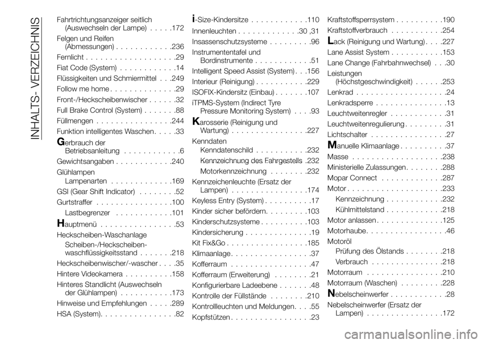 FIAT 500X 2019  Betriebsanleitung (in German) Fahrtrichtungsanzeiger seitlich
(Auswechseln der Lampe).....172
Felgen und Reifen
(Abmessungen)............236
Fernlicht...................29
Fiat Code (System)............14
Flüssigkeiten und Schmie