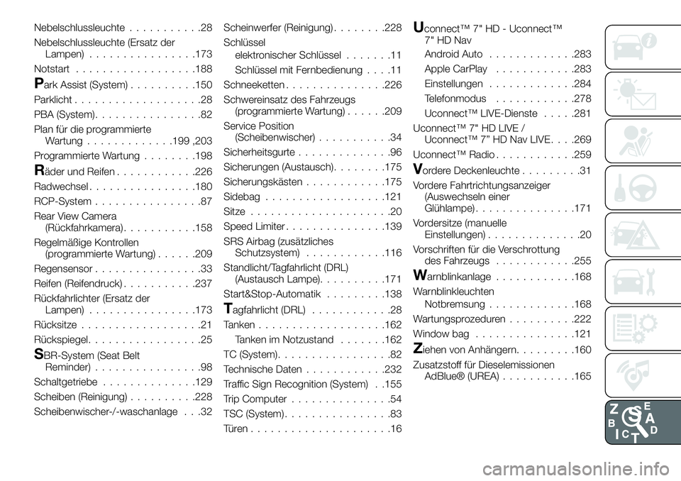FIAT 500X 2019  Betriebsanleitung (in German) Nebelschlussleuchte...........28
Nebelschlussleuchte (Ersatz der
Lampen)................173
Notstart..................188
Park Assist (System)..........150
Parklicht...................28
PBA (System).