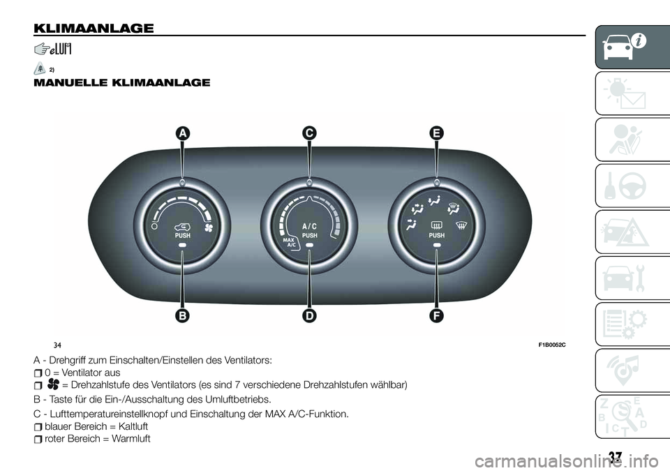FIAT 500X 2019  Betriebsanleitung (in German) KLIMAANLAGE
2)
MANUELLE KLIMAANLAGE
A - Drehgriff zum Einschalten/Einstellen des Ventilators:
0 = Ventilator aus
= Drehzahlstufe des Ventilators (es sind 7 verschiedene Drehzahlstufen wählbar)
B - Ta
