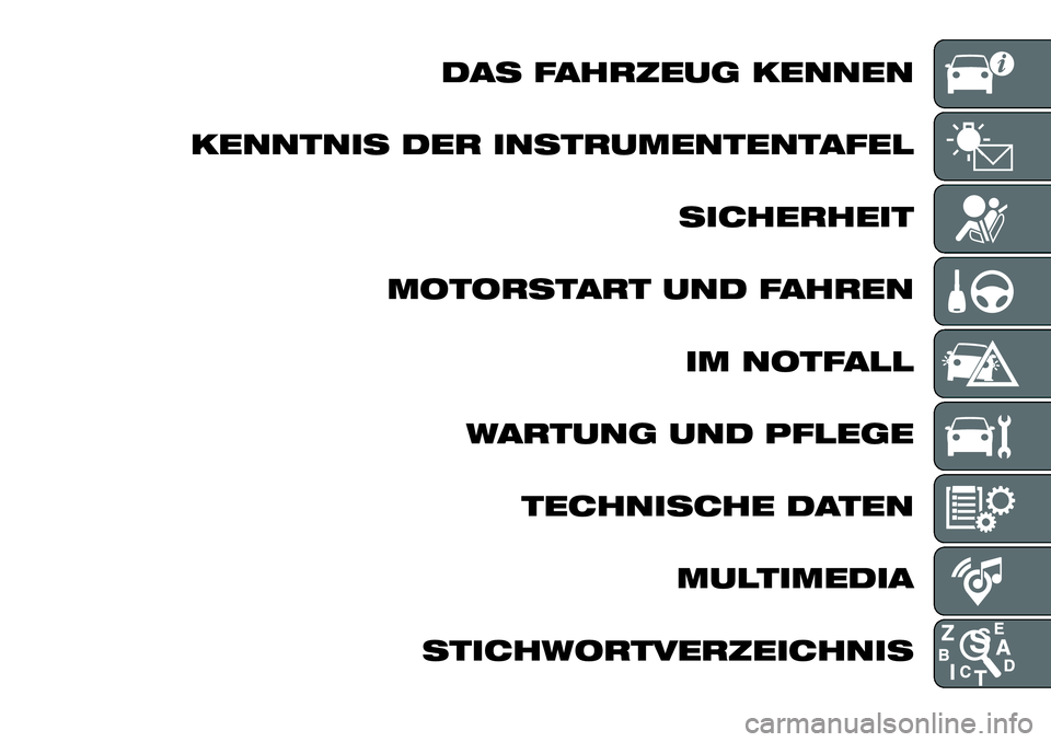 FIAT 500X 2019  Betriebsanleitung (in German) DAS FAHRZEUG KENNEN
KENNTNIS DER INSTRUMENTENTAFEL
SICHERHEIT
MOTORSTART UND FAHREN
IM NOTFALL
WARTUNG UND PFLEGE
TECHNISCHE DATEN
MULTIMEDIA
STICHWORTVERZEICHNIS 