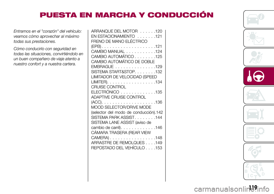 FIAT 500X 2017 Manual de Empleo y Cuidado (in Spanish) PUESTA EN MARCHA Y CONDUCCIÓN
Entramos en el "corazón" del vehículo:
veamos cómo aprovechar al máximo
todas sus prestaciones.
Cómo conducirlo con seguridad en
todas las situaciones, conv FIAT 500X 2017 Manual de Empleo y Cuidado (in Spanish) PUESTA EN MARCHA Y CONDUCCIÓN
Entramos en el "corazón" del vehículo:
veamos cómo aprovechar al máximo
todas sus prestaciones.
Cómo conducirlo con seguridad en
todas las situaciones, conv