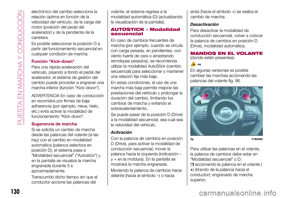 FIAT 500X 2017 Manual de Empleo y Cuidado (in Spanish) electrónico del cambio selecciona la
relación óptima en función de la
velocidad del vehículo, de la carga del
motor (posición del pedal del
acelerador) y de la pendiente de la
carretera.
Es posi FIAT 500X 2017 Manual de Empleo y Cuidado (in Spanish) electrónico del cambio selecciona la
relación óptima en función de la
velocidad del vehículo, de la carga del
motor (posición del pedal del
acelerador) y de la pendiente de la
carretera.
Es posi