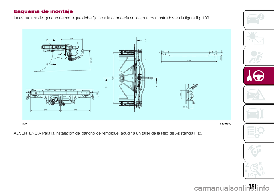 FIAT 500X 2017 Manual de Empleo y Cuidado (in Spanish) Esquema de montaje
La estructura del gancho de remolque debe fijarse a la carrocería en los puntos mostrados en la figura fig. 109.
ADVERTENCIA Para la instalación del gancho de remolque, acudir a u FIAT 500X 2017 Manual de Empleo y Cuidado (in Spanish) Esquema de montaje
La estructura del gancho de remolque debe fijarse a la carrocería en los puntos mostrados en la figura fig. 109.
ADVERTENCIA Para la instalación del gancho de remolque, acudir a u