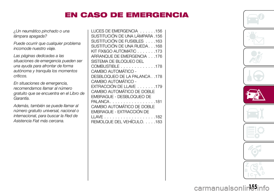 FIAT 500X 2017 Manual de Empleo y Cuidado (in Spanish) EN CASO DE EMERGENCIA
¿Un neumático pinchado o una
lámpara apagada?
Puede ocurrir que cualquier problema
incomode nuestro viaje.
Las páginas dedicadas a las
situaciones de emergencia pueden ser
un FIAT 500X 2017 Manual de Empleo y Cuidado (in Spanish) EN CASO DE EMERGENCIA
¿Un neumático pinchado o una
lámpara apagada?
Puede ocurrir que cualquier problema
incomode nuestro viaje.
Las páginas dedicadas a las
situaciones de emergencia pueden ser
un