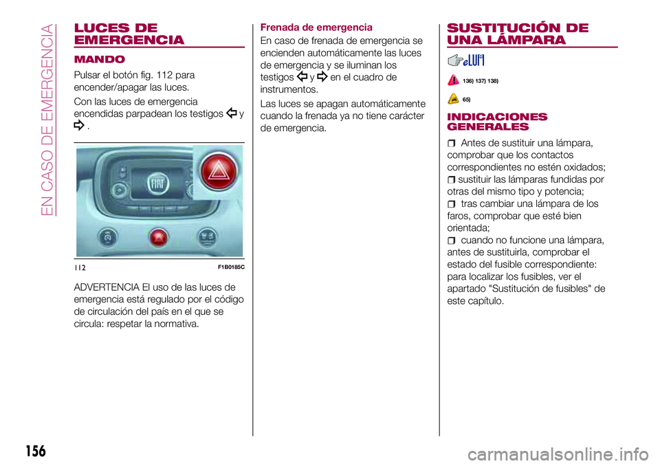FIAT 500X 2017 Manual de Empleo y Cuidado (in Spanish) LUCES DE
EMERGENCIA
MANDO
Pulsar el botón fig. 112 para
encender/apagar las luces.
Con las luces de emergencia
encendidas parpadean los testigos
y
.
ADVERTENCIA El uso de las luces de
emergencia est FIAT 500X 2017 Manual de Empleo y Cuidado (in Spanish) LUCES DE
EMERGENCIA
MANDO
Pulsar el botón fig. 112 para
encender/apagar las luces.
Con las luces de emergencia
encendidas parpadean los testigos
y
.
ADVERTENCIA El uso de las luces de
emergencia est