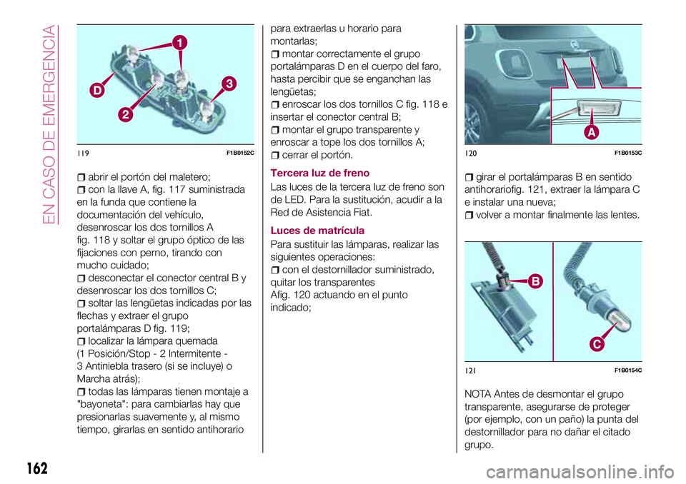 FIAT 500X 2017 Manual de Empleo y Cuidado (in Spanish) abrir el portón del maletero;
con la llave A, fig. 117 suministrada
en la funda que contiene la
documentación del vehículo,
desenroscar los dos tornillos A
fig. 118 y soltar el grupo óptico de las FIAT 500X 2017 Manual de Empleo y Cuidado (in Spanish) abrir el portón del maletero;
con la llave A, fig. 117 suministrada
en la funda que contiene la
documentación del vehículo,
desenroscar los dos tornillos A
fig. 118 y soltar el grupo óptico de las