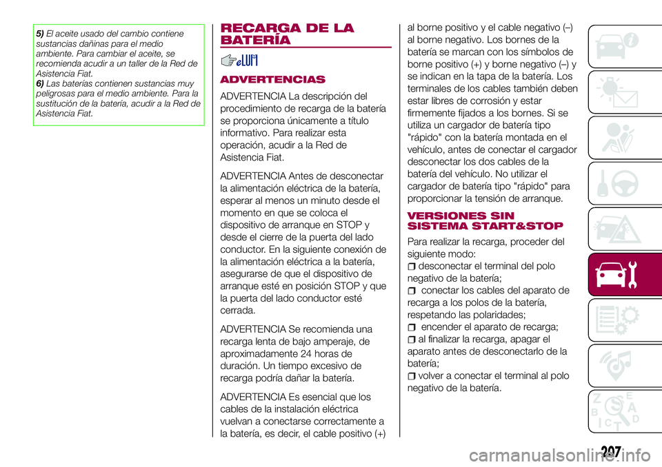 FIAT 500X 2017 Manual de Empleo y Cuidado (in Spanish) 5)El aceite usado del cambio contiene
sustancias dañinas para el medio
ambiente. Para cambiar el aceite, se
recomienda acudir a un taller de la Red de
Asistencia Fiat.
6)Las baterías contienen susta FIAT 500X 2017 Manual de Empleo y Cuidado (in Spanish) 5)El aceite usado del cambio contiene
sustancias dañinas para el medio
ambiente. Para cambiar el aceite, se
recomienda acudir a un taller de la Red de
Asistencia Fiat.
6)Las baterías contienen susta